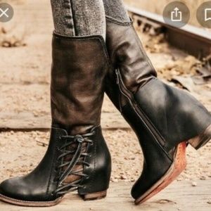 •FREEBIRD🦅BY STEVEN•Castle Knee High Leather Boots Lace Up Bootie & Dust Bags